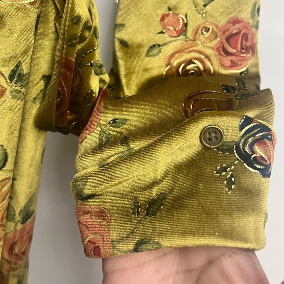 Unique Vintage Chartreuse Red Rose Velvet Wrap Dress - Picture 6 of 12